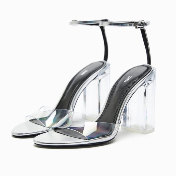 NWT. Zara Silver Vinyl Block Heel Sandals. Size 8. - Picture 2 of 9